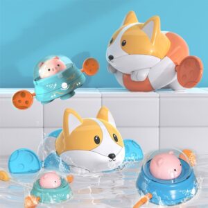 Baby Cute Pig Riding A Flying Saucer Corgi Bathroom Play Water Kids Toys